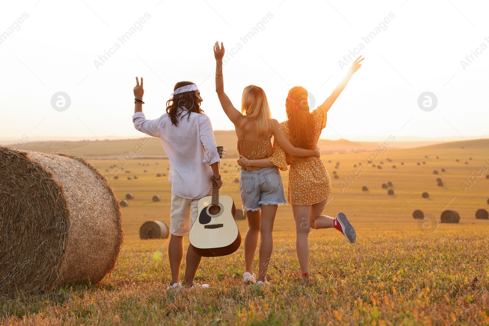 Photo of Hippie friends with guitar showing peace signs in field, back view