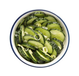 Photo of Appetizing salad with cucumbers and green onion in bowl isolated on white, top view