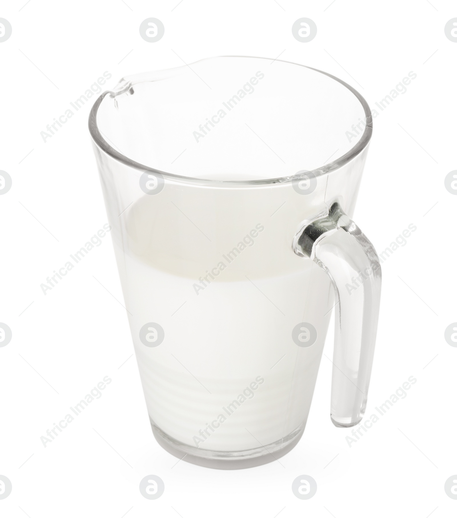 Photo of Glass jug with fresh milk isolated on white