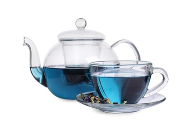 Glass cup and pot of organic blue Anchan on white background. Herbal tea