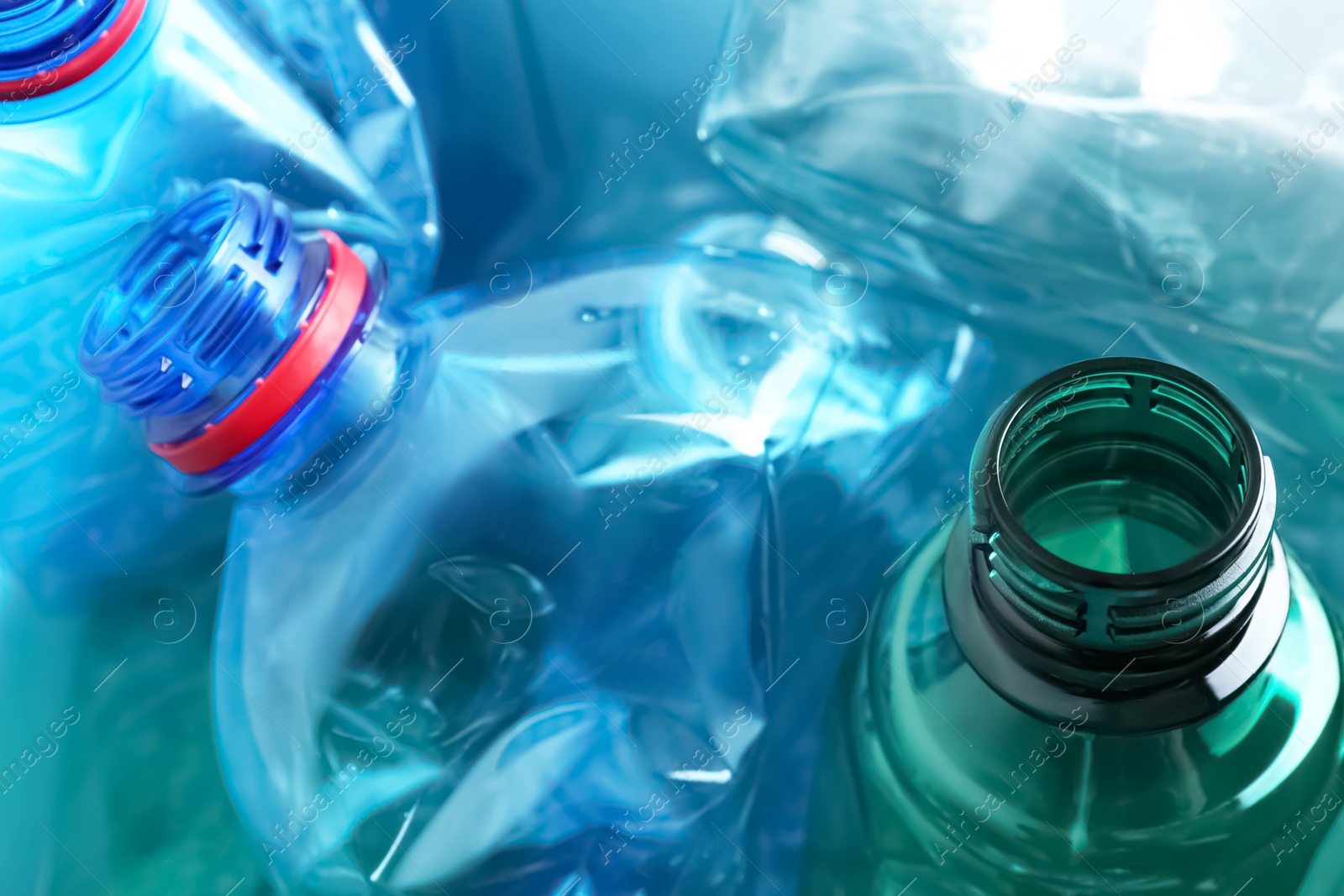 Photo of Many plastic bottles as background, closeup. Recycle concept