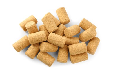 Pile of wine corks on white background, top view. Bottle cap