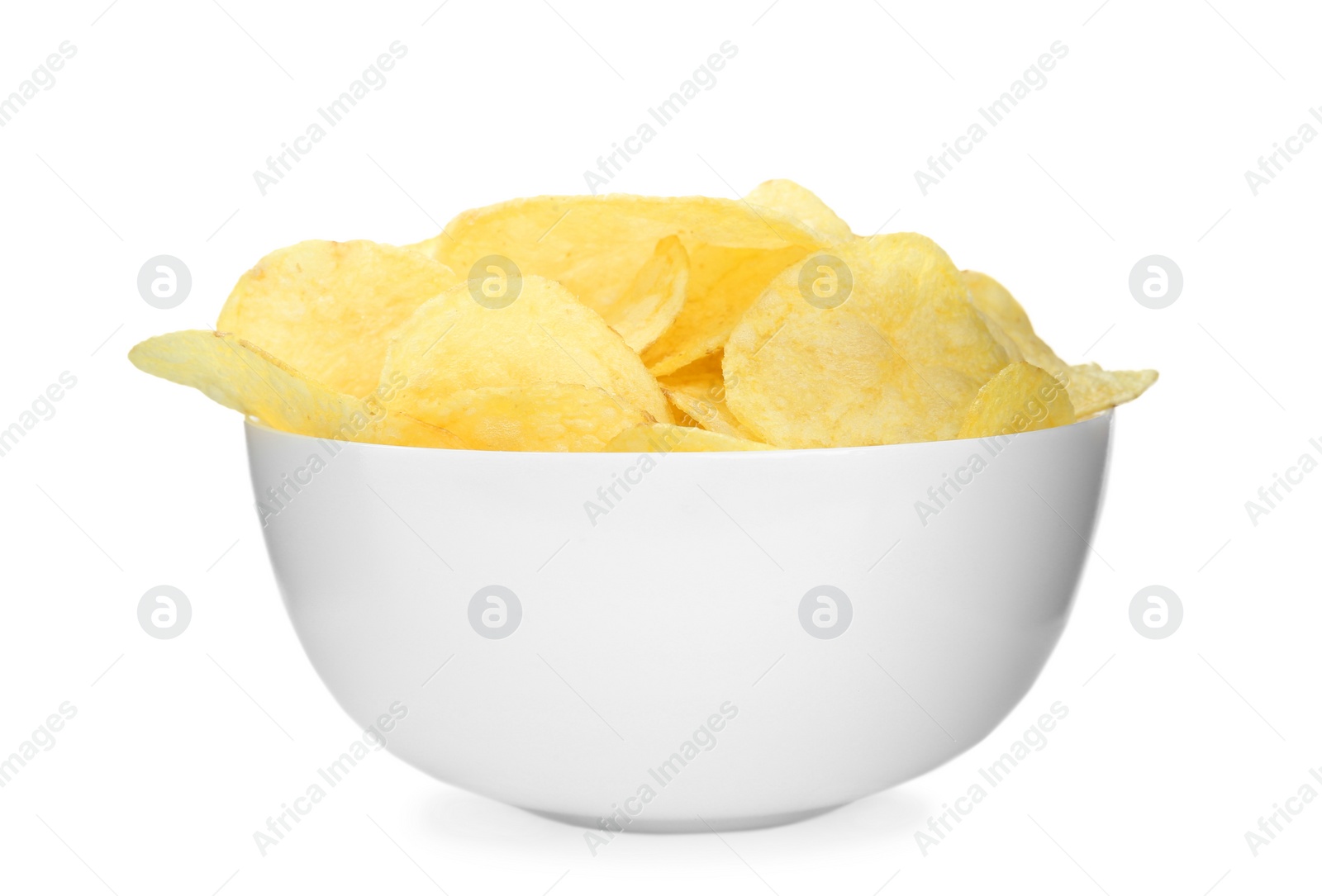 Photo of Bowl of tasty potato chips on white background