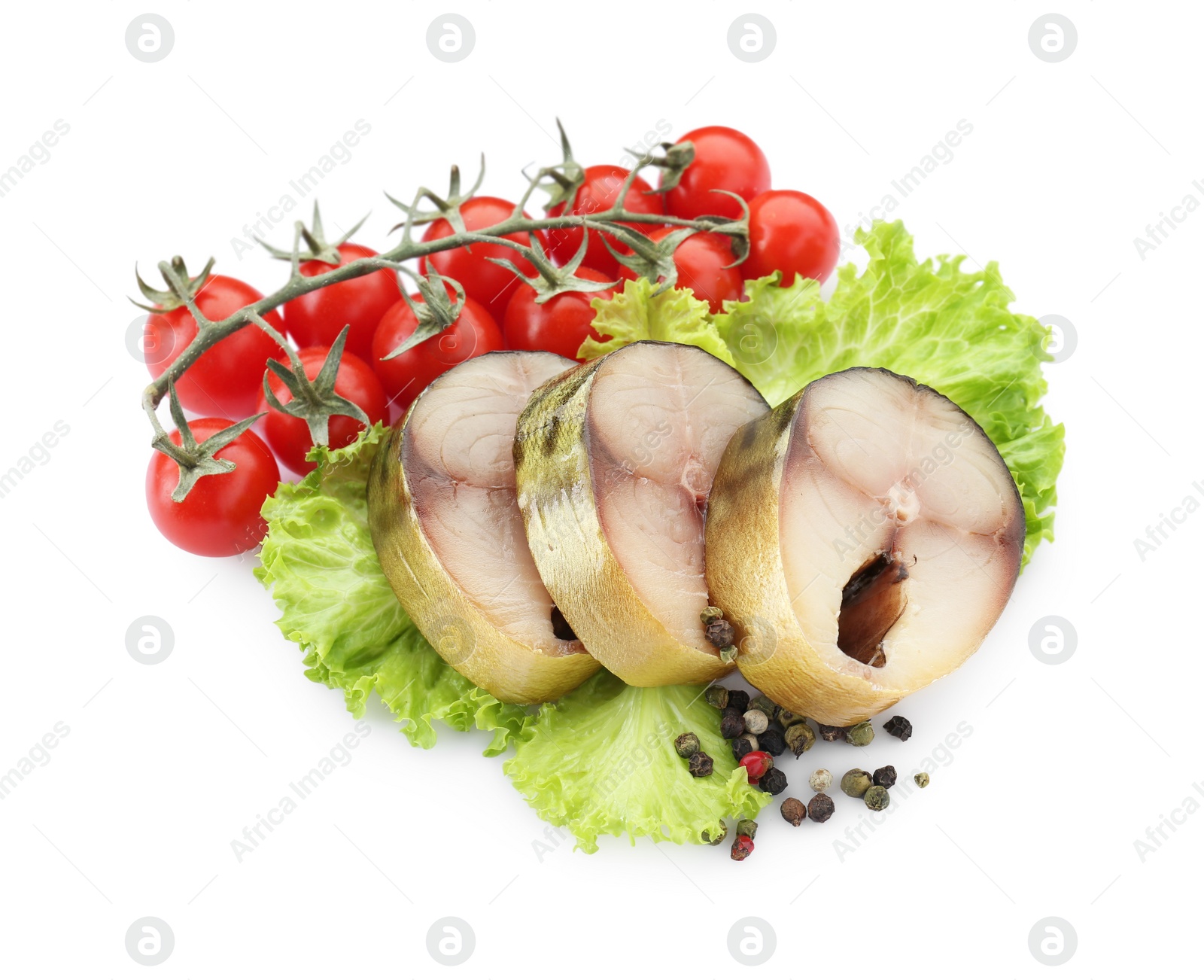 Photo of Slices of tasty smoked mackerel with tomatoes, lettuce and peppercorns on white background