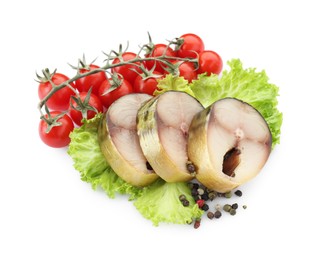 Slices of tasty smoked mackerel with tomatoes, lettuce and peppercorns on white background