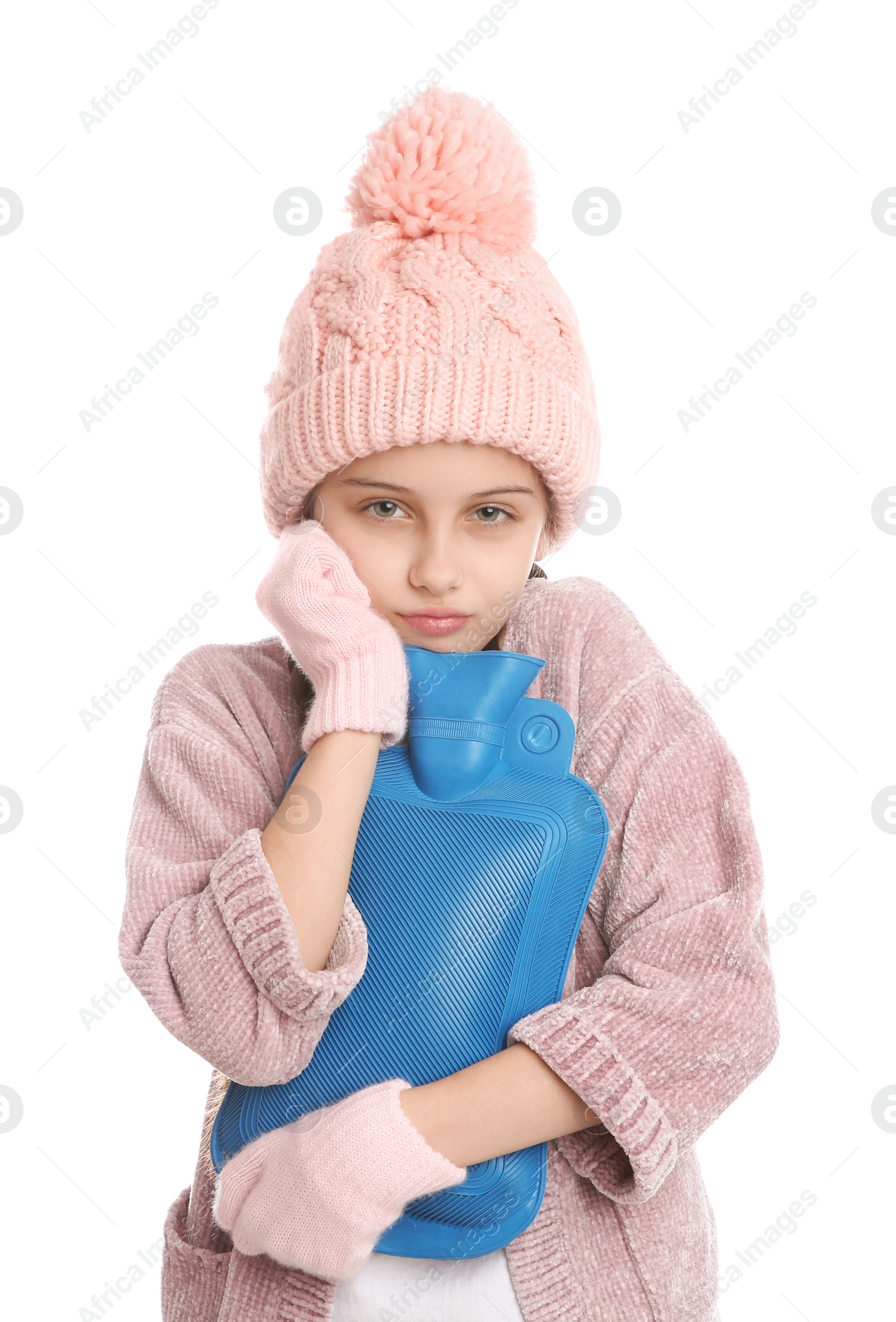 Photo of Ill girl with hot water bottle on white background