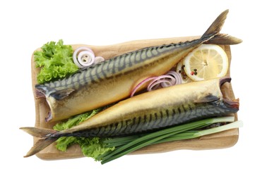 Delicious smoked mackerels and products on white background, top view