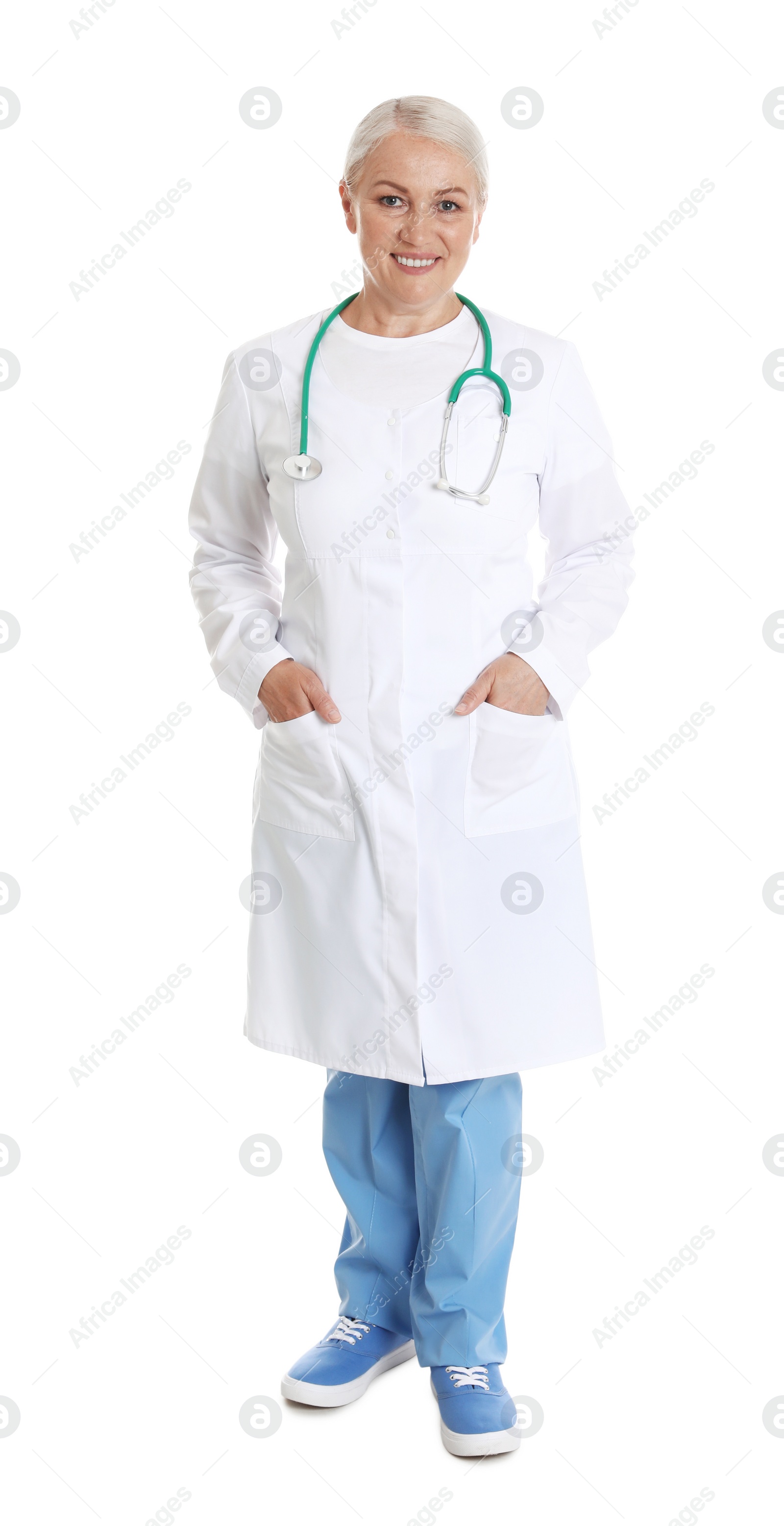 Photo of Full length portrait of female doctor isolated on white. Medical staff