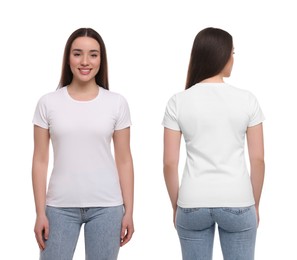 Image of Woman wearing casual t-shirt on white background, mockup for design. Collage with back and front view photos