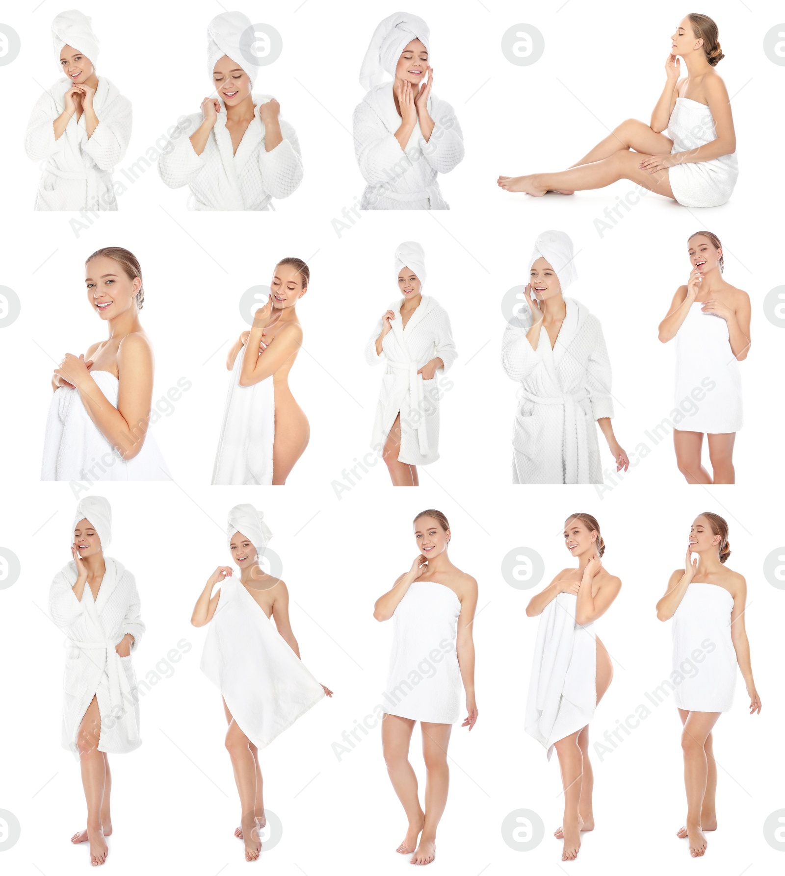 Image of Beautiful woman with towel on white background, collage