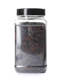 Photo of Jar with uncooked black rice on white background