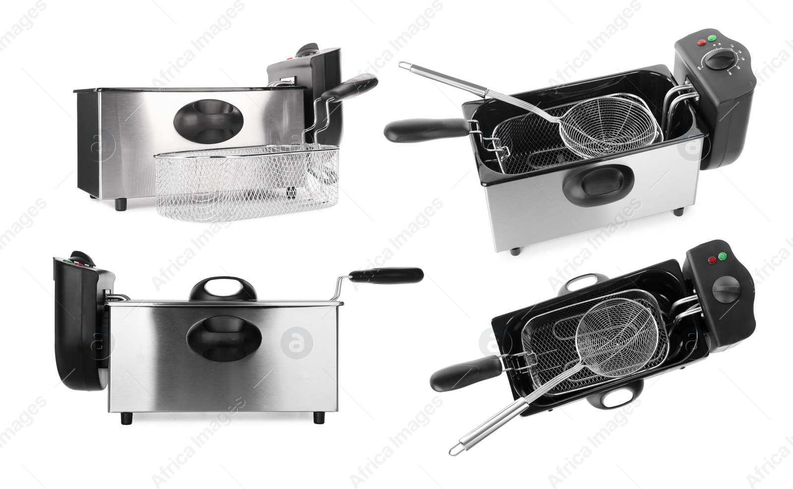 Image of Set with modern deep fryers on white background