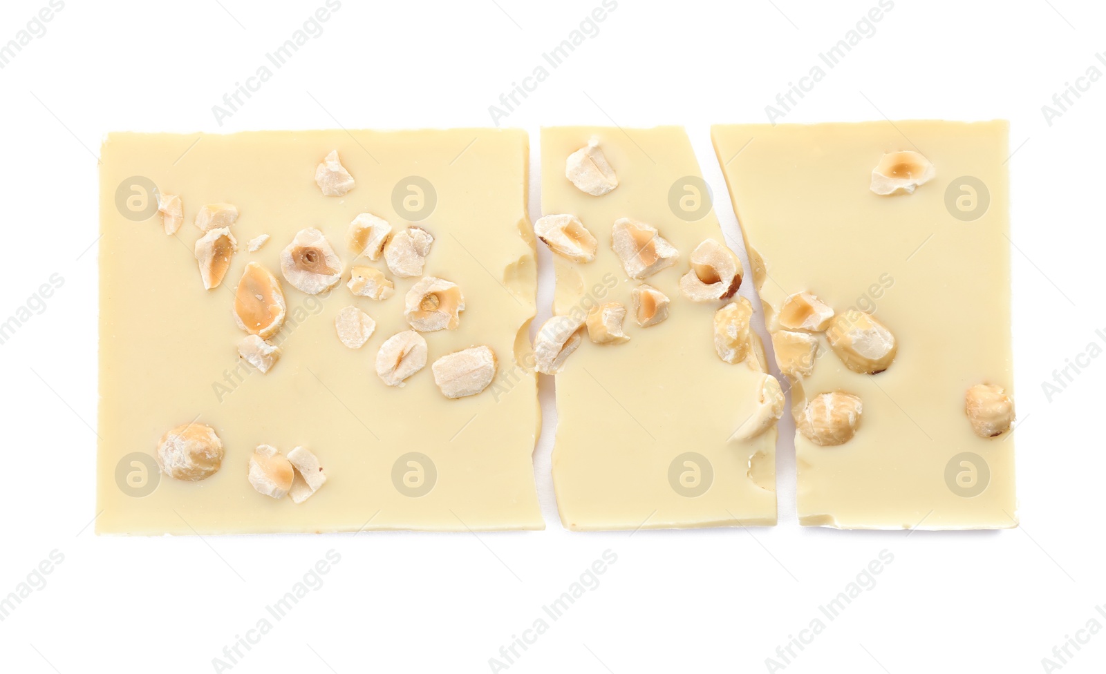 Photo of Delicious chocolate bar with nuts on white background, top view