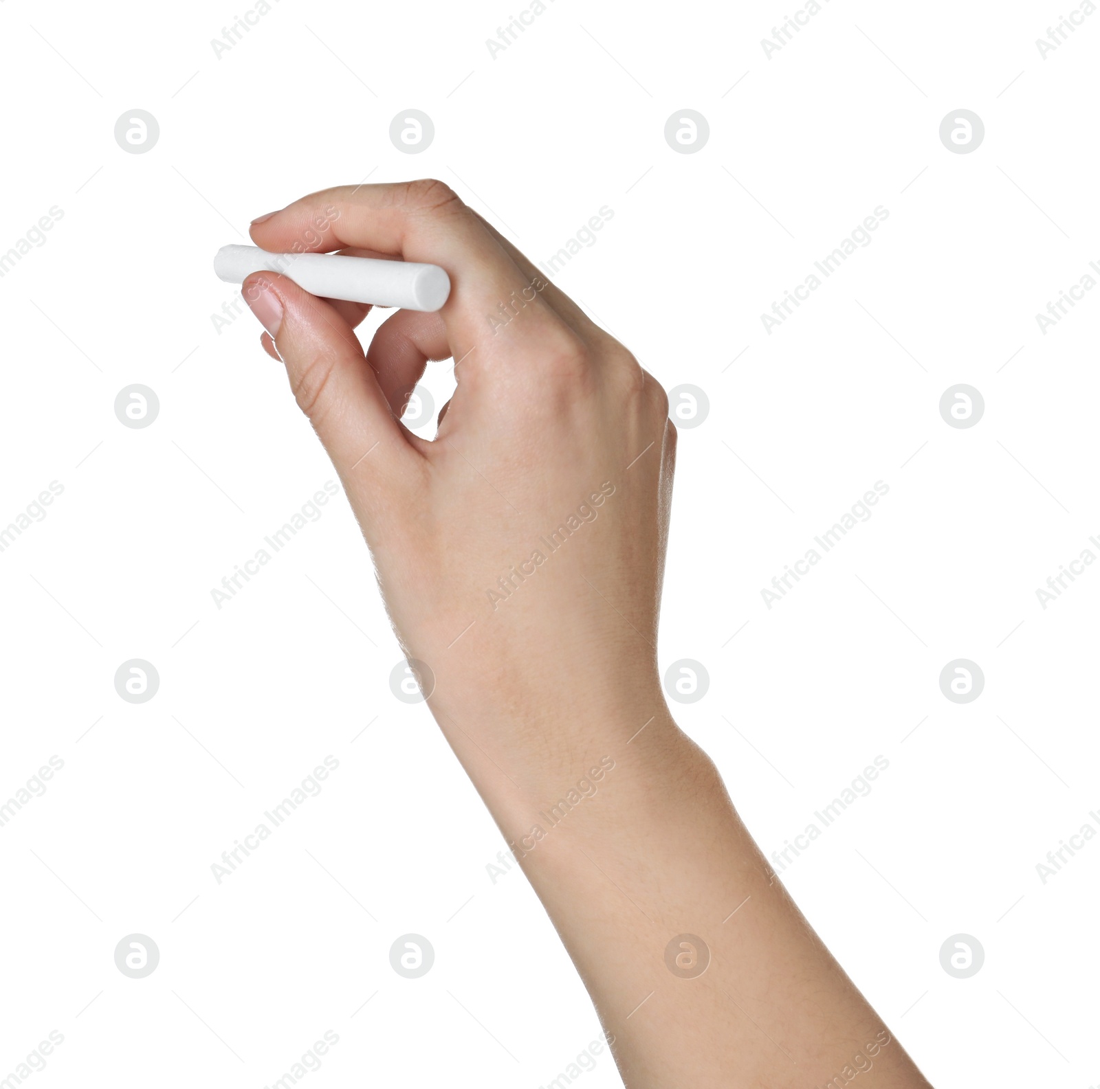 Photo of Woman holding piece of chalk isolated on white, closeup