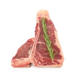 Photo of Raw t-bone beef steak and rosemary isolated on white, top view