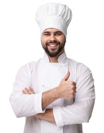 Photo of Happy young chef in uniform showing thumb up on white background