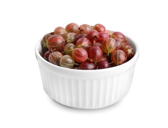 Photo of Ceramic bowl full of ripe gooseberries isolated on white