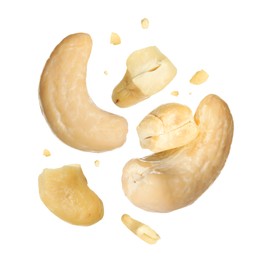 Image of Tasty cashew nuts flying on white background