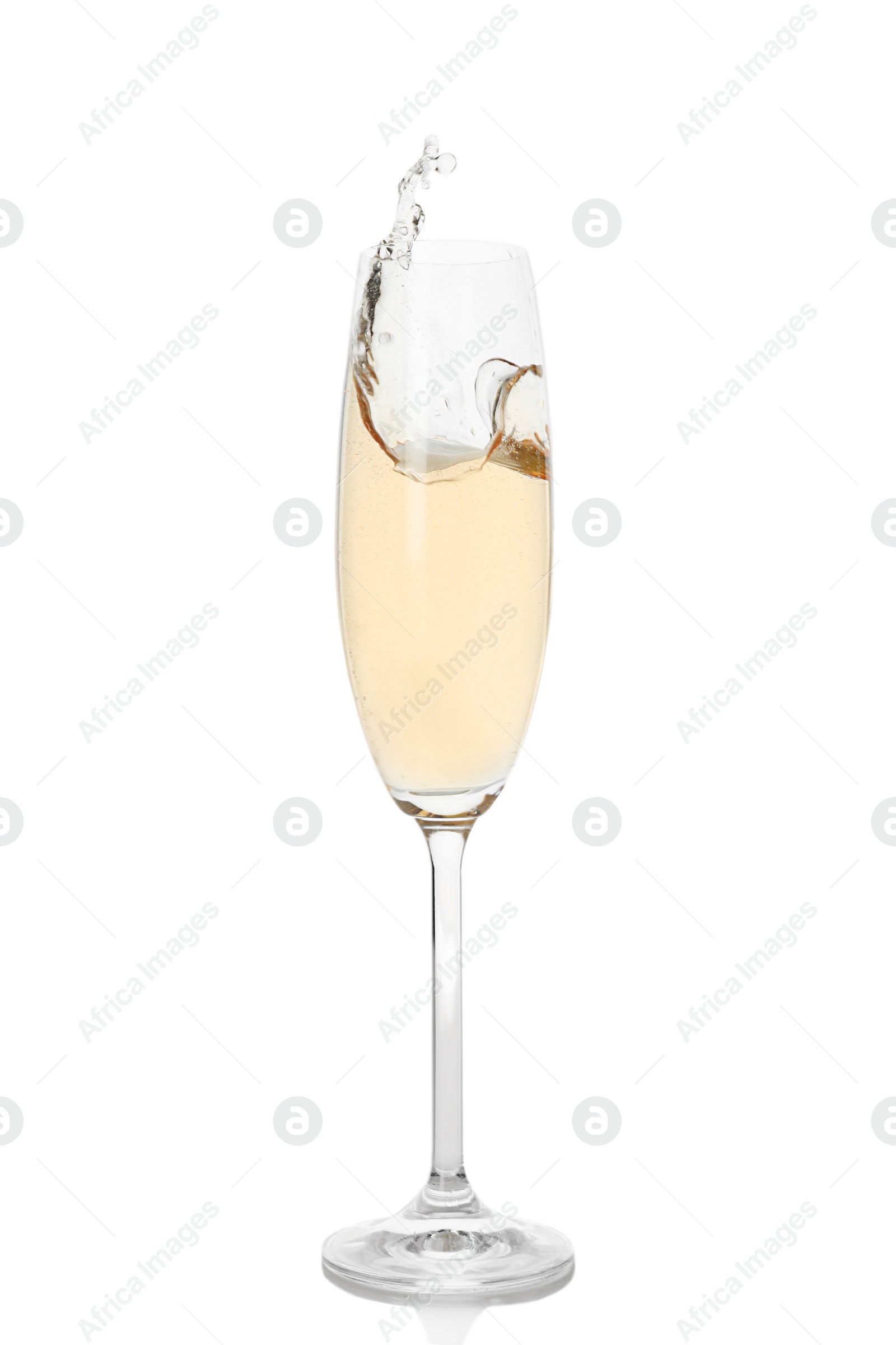 Photo of Glass of champagne on white background. Festive drink