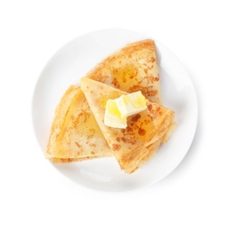Photo of Tasty thin folded pancakes with butter and honey on plate against white background, top view