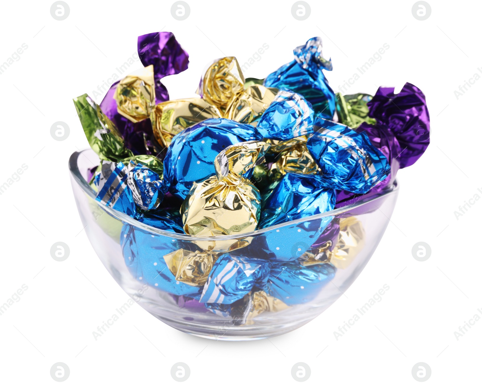 Photo of Bowl with candies in colorful wrappers isolated on white