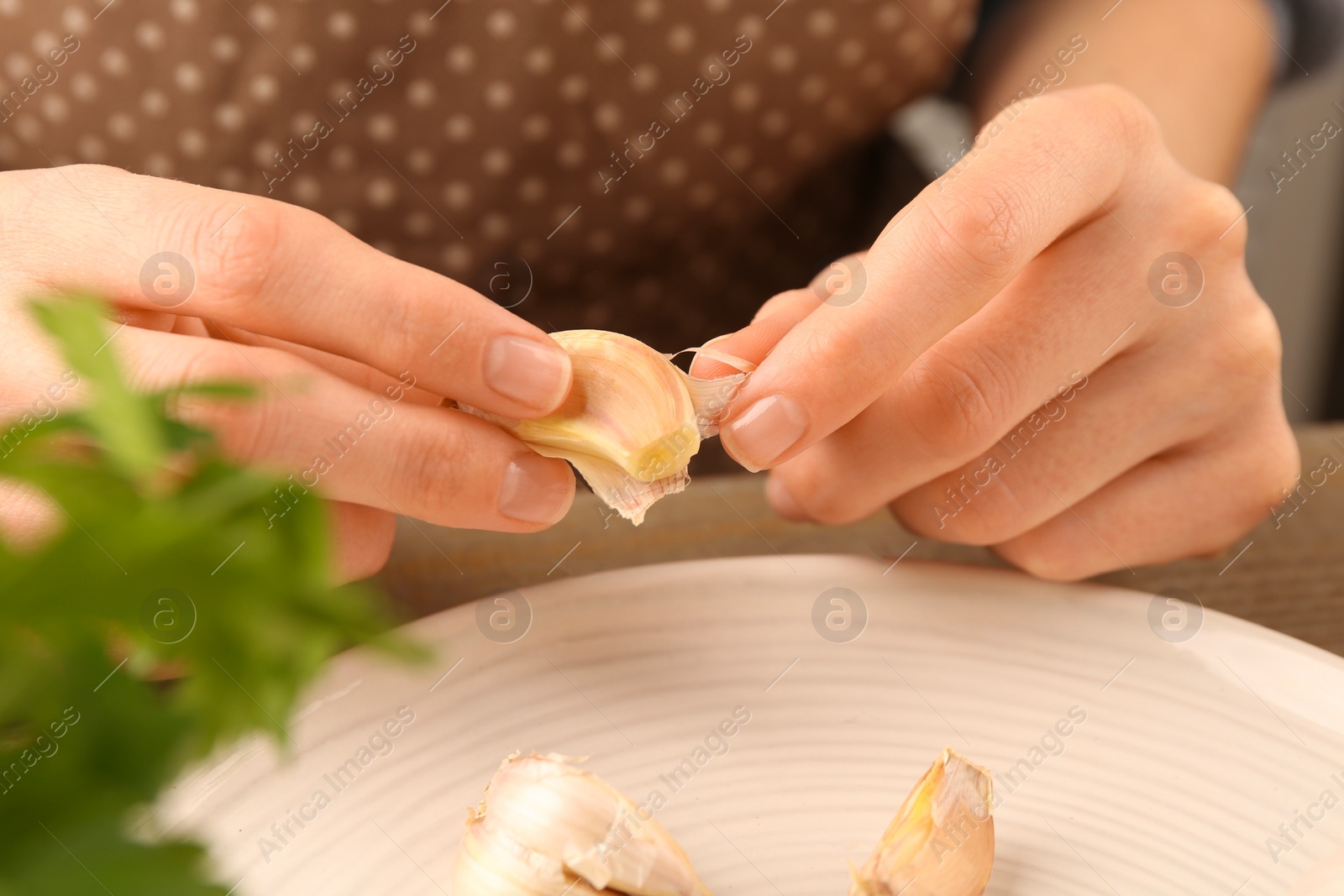 Photo of Woman peeling fresh garlic at table, closeup