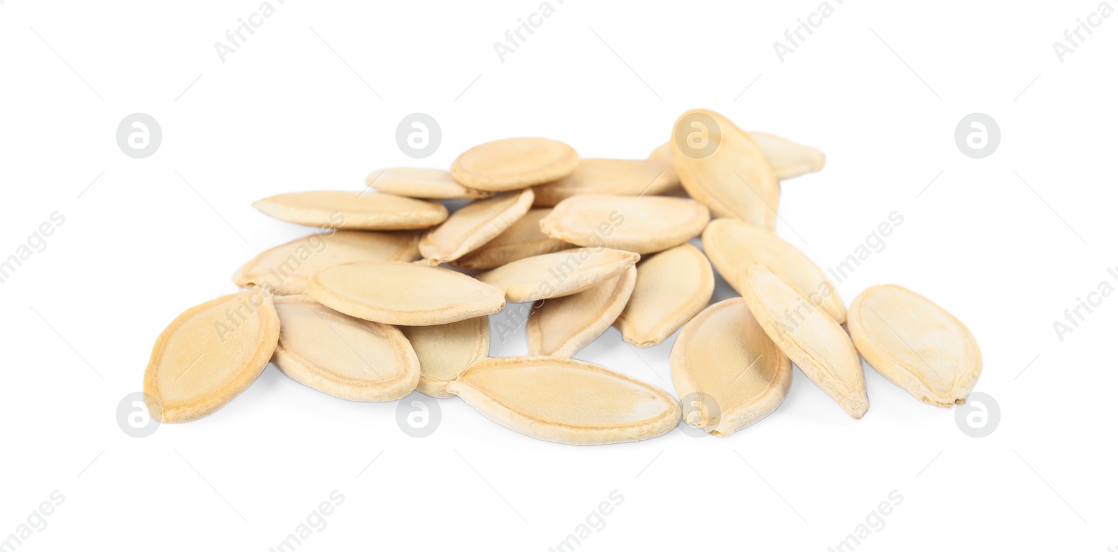 Photo of Pile of raw pumpkin seeds on white background