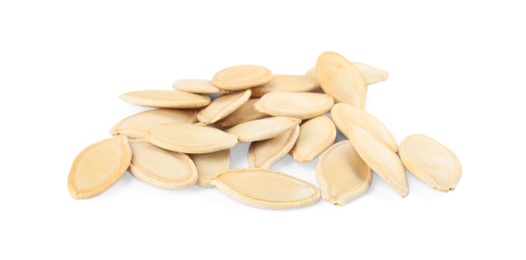 Photo of Pile of raw pumpkin seeds on white background