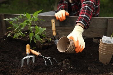 Photo of Woman with containers outdoors, closeup. Transplanting seedlings in soil