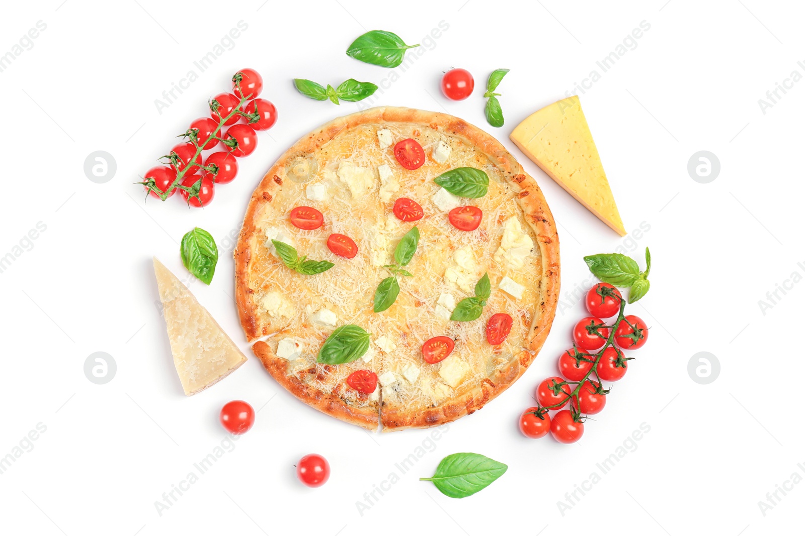 Photo of Composition with delicious pizza and ingredients on white background