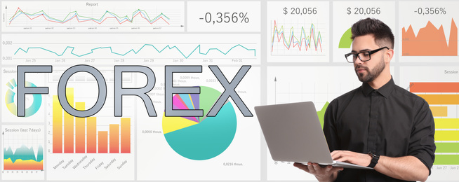 Image of Businessman with laptop and charts on background, banner design. Forex trading
