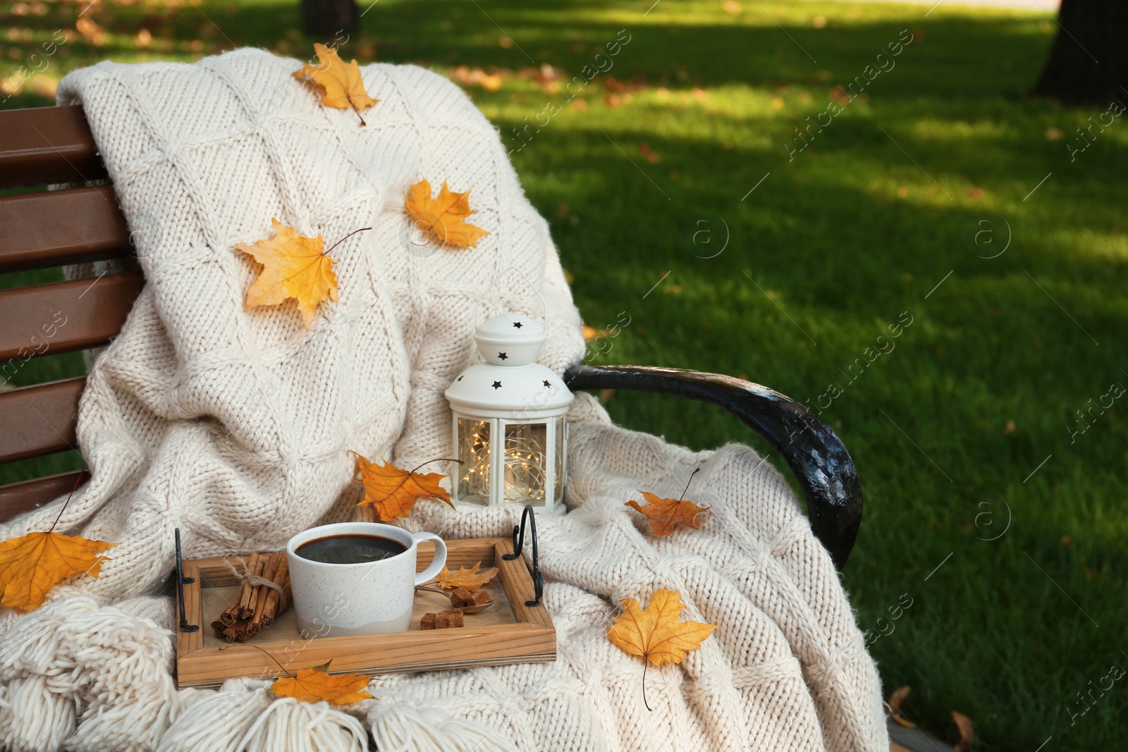 Photo of Wooden tray with cup of coffee, lantern and plaid on bench in autumn park. Space for text