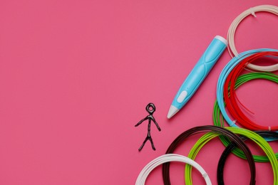 Stylish 3D pen, colorful plastic filaments and human figure on pink background, flat lay. Space for text