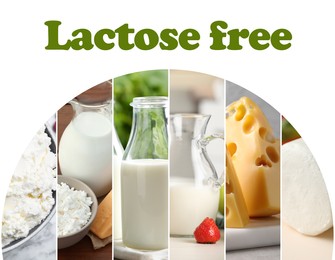 Collage with photos of lactose free dairy products on white background