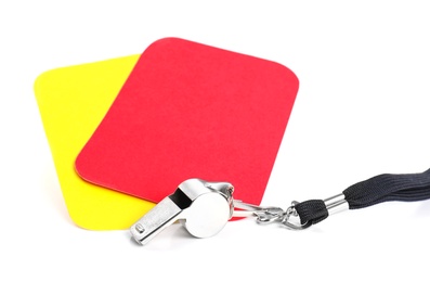 Photo of Whistle, red and yellow cards on white background. Football rules