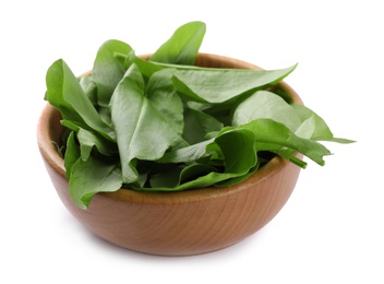 Fresh green sorrel leaves in wooden bowl isolated on white