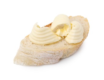 Photo of Tasty butter curl and slice of bread isolated on white