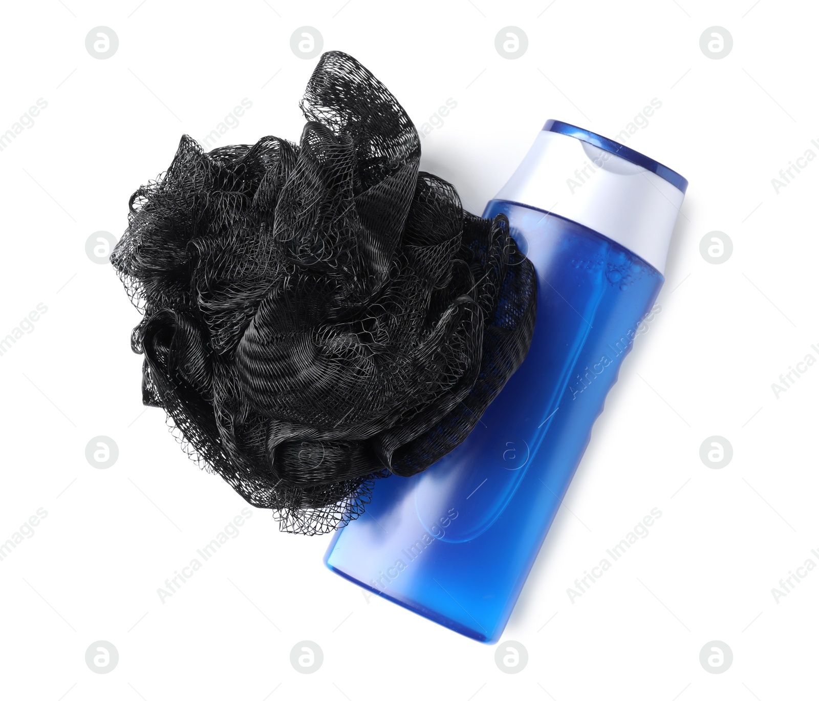 Photo of Shower gel and bast wisp isolated on white, top view. Men's cosmetics