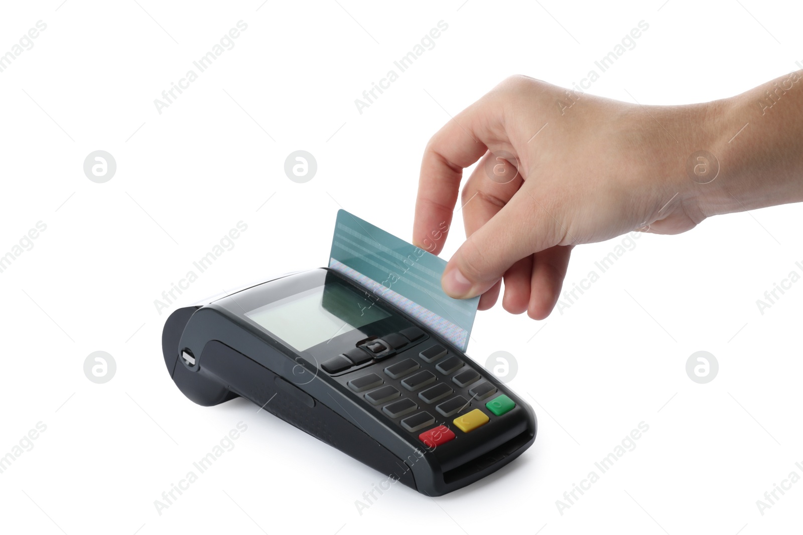 Photo of Woman using terminal for credit card payment on white background