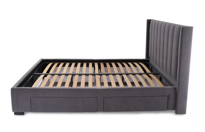 Comfortable gray bed with wooden slats on white background