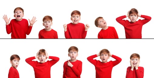 Surprised boy on white background, collage of photos