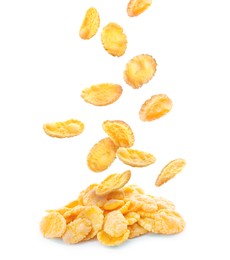 Image of Golden corn flakes falling on white background