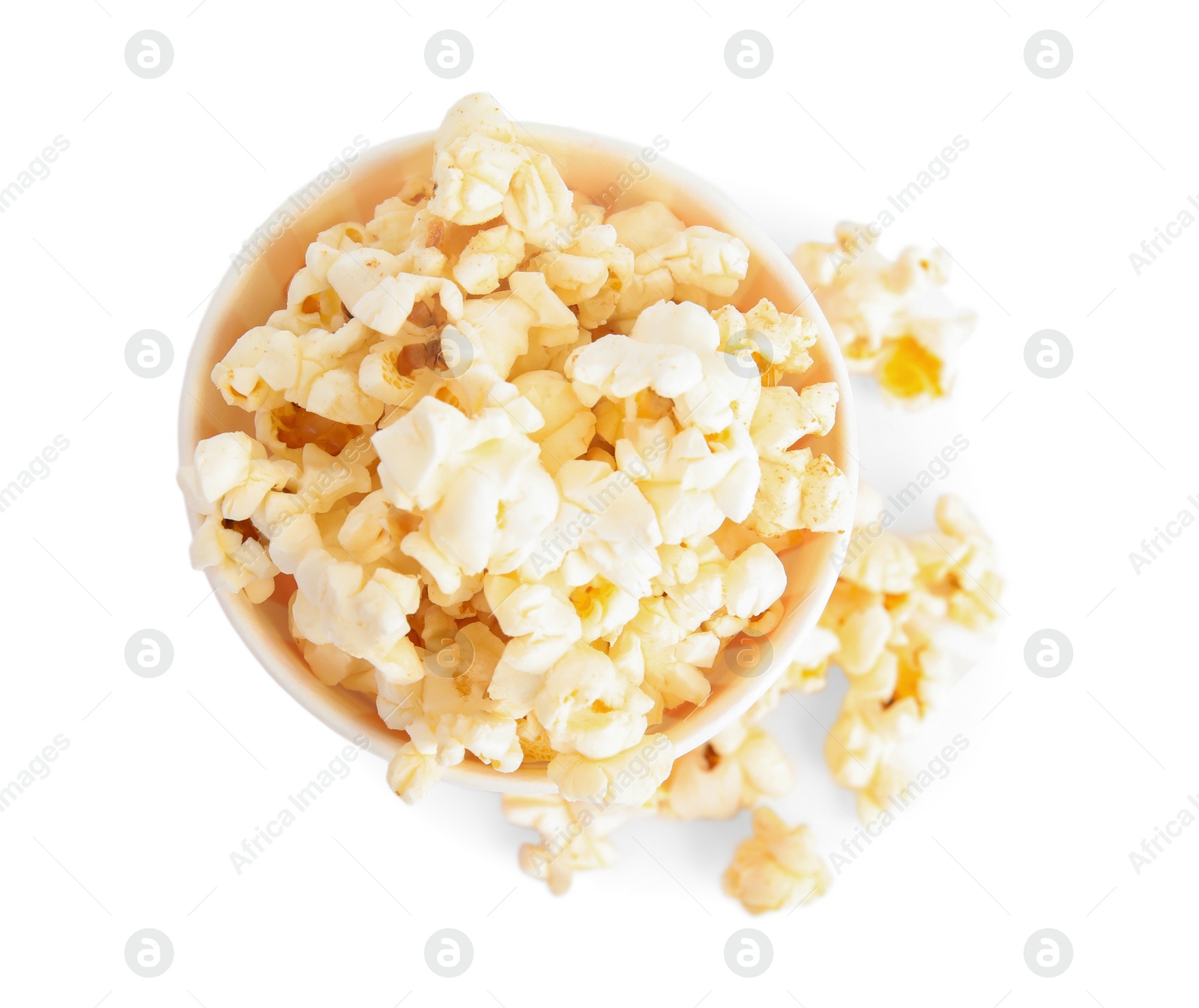 Photo of Bucket of tasty pop corn isolated on white, top view