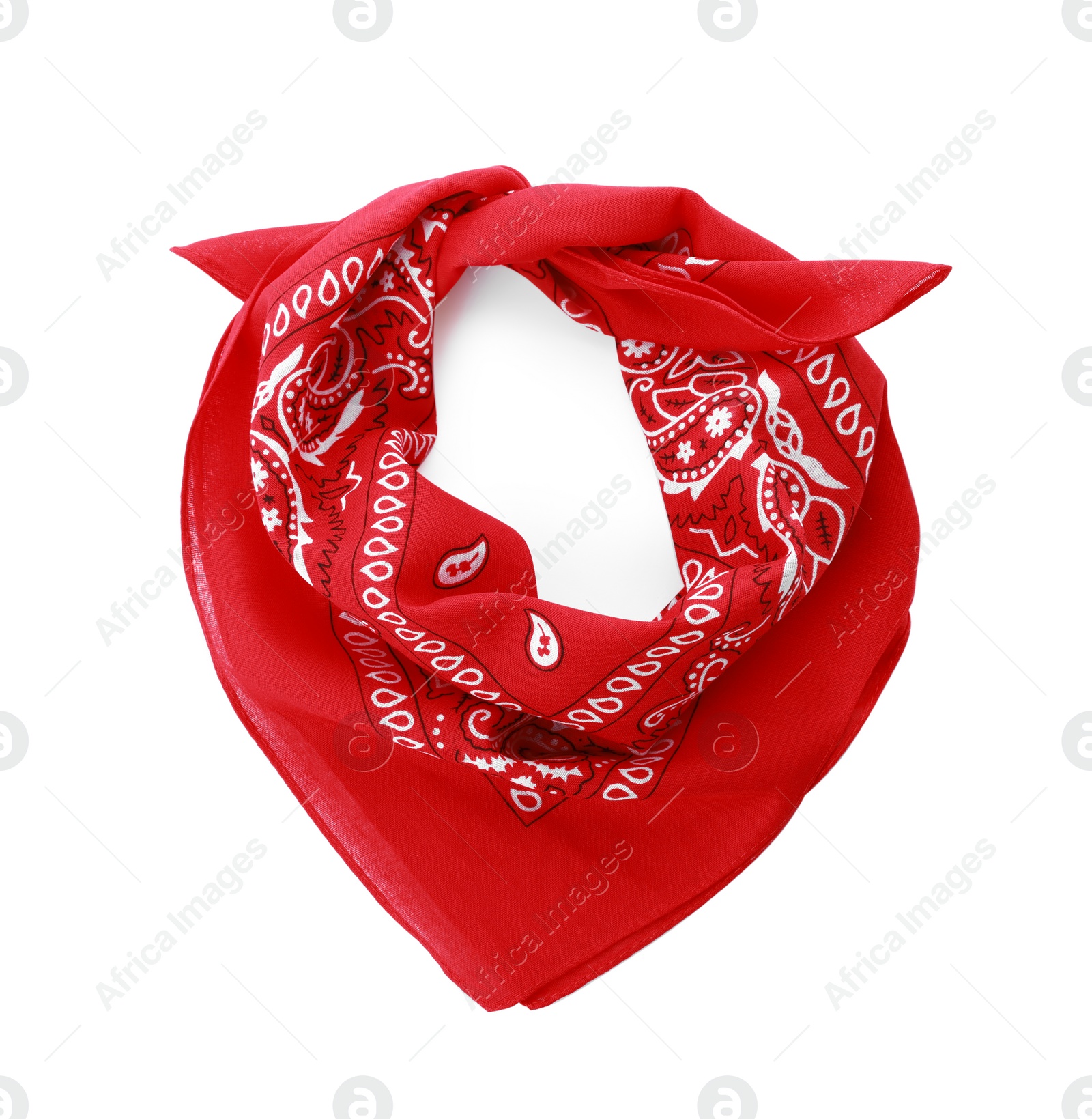 Photo of Tied red bandana with paisley pattern isolated on white, top view