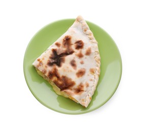 Photo of Tasty pizza calzone with cheese isolated on white, top view