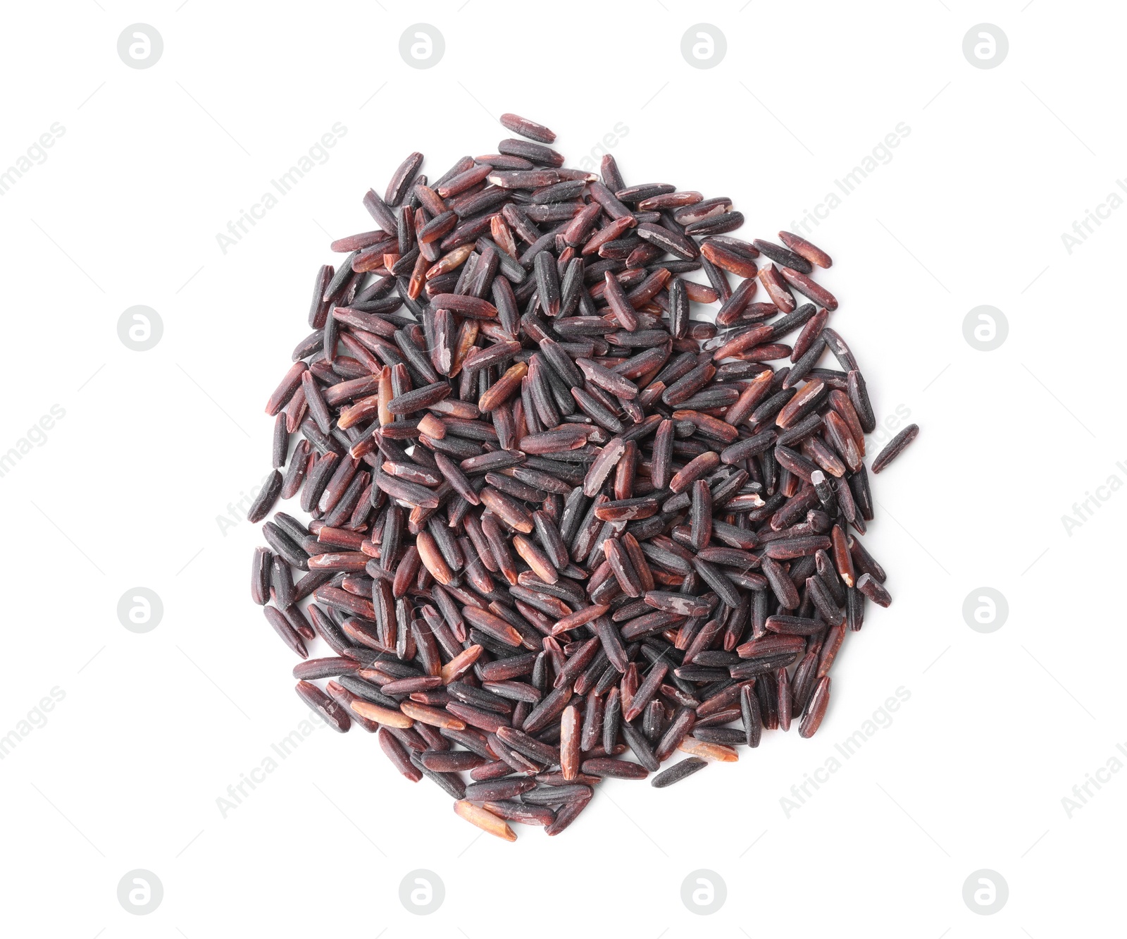 Photo of Uncooked organic brown rice isolated on white, top view