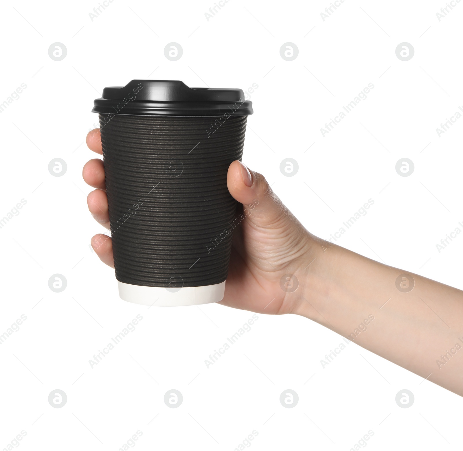 Photo of Woman holding paper cup of tasty drink on white background. Coffee to go