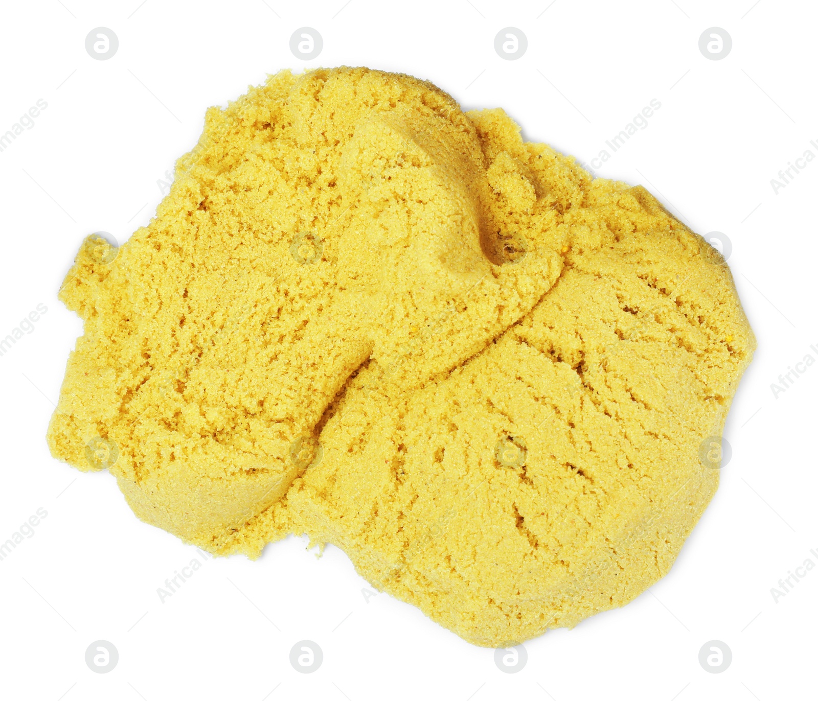 Photo of Pile of yellow kinetic sand on white background, top view