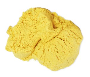 Photo of Pile of yellow kinetic sand on white background, top view