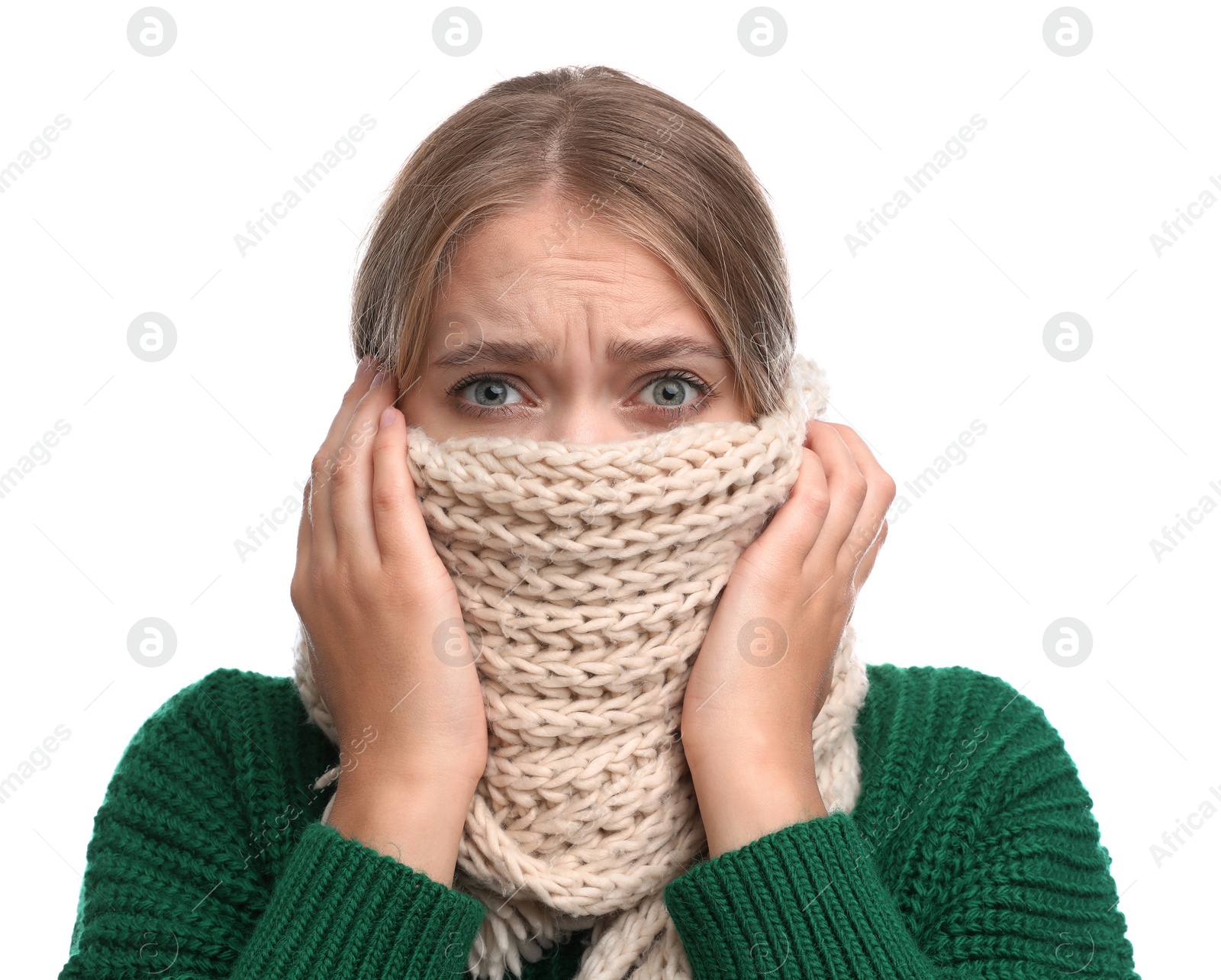 Photo of Young woman suffering from cold on white background